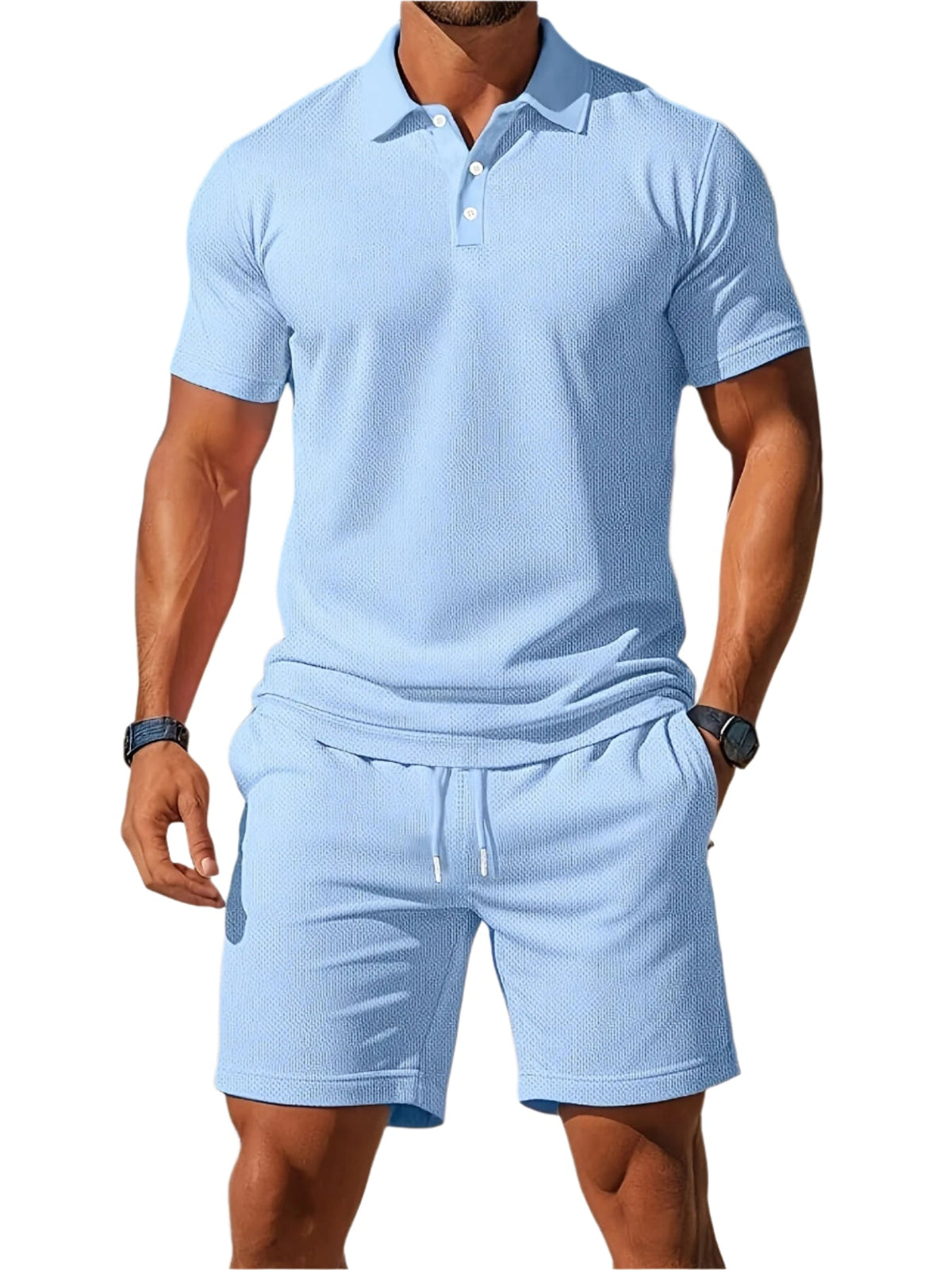 Zomerset voor heren met polo en short met ton-sur-ton structuur
